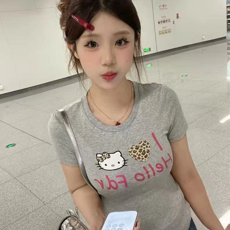 纯欲豹纹kitty猫印花修身短袖t恤女夏季新款辣妹美式体恤纯棉上衣