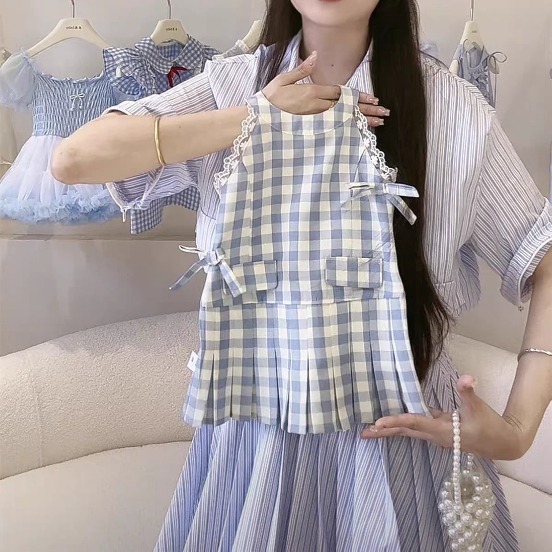 28092女童连衣裙夏季韩版甜美蓝色格子无袖裙子儿童蝴蝶结背心裙