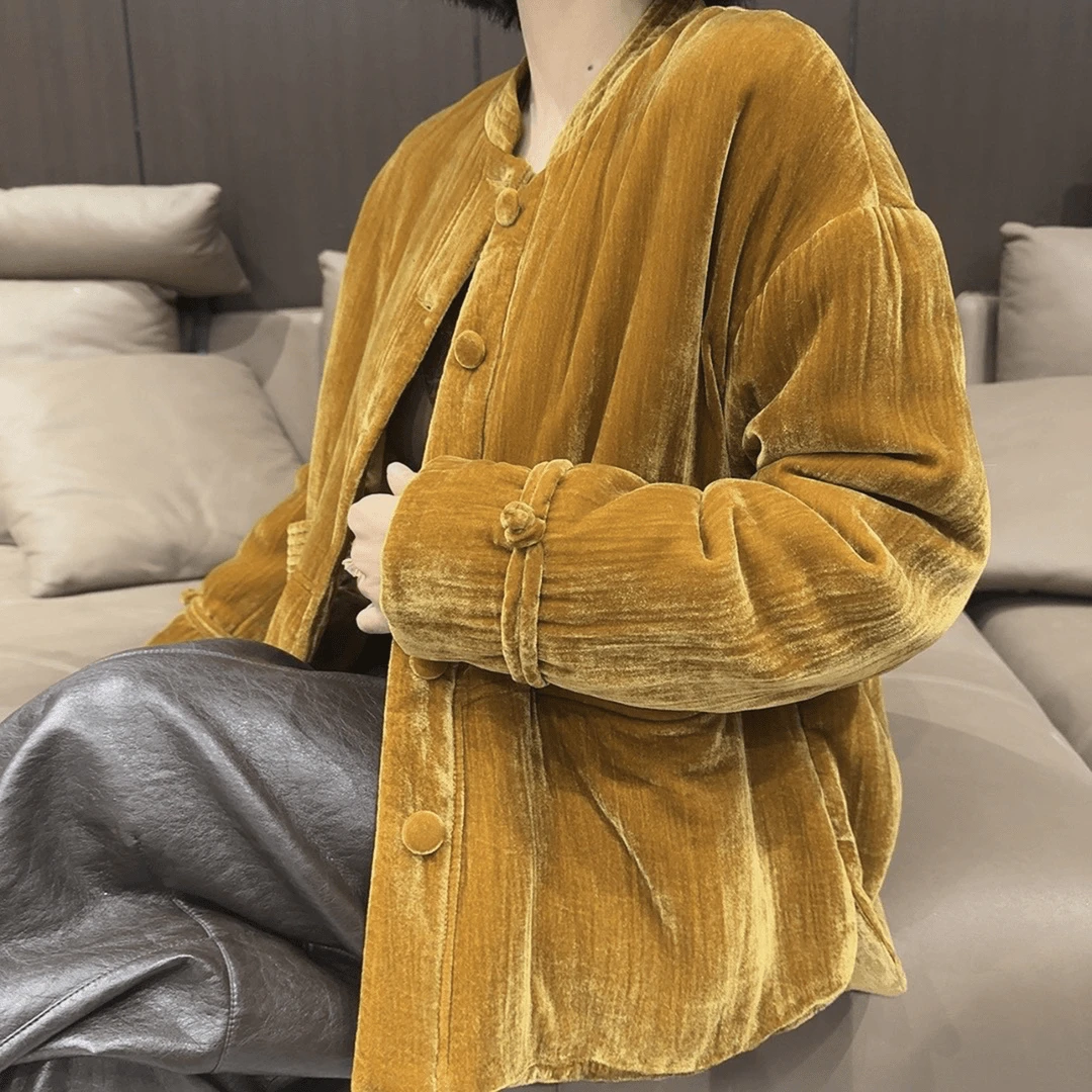 新中式国风丝绒夹棉外套女冬季新款宽松高端圆领加厚保暖棉服上衣