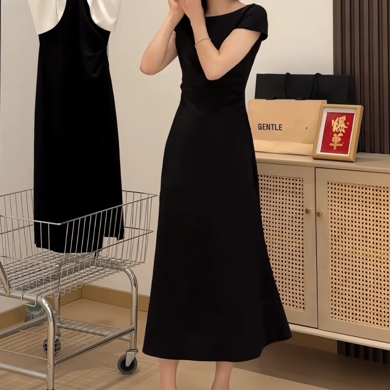 夏季胖mm时尚气质风鱼尾裙名媛风大码连衣裙收腰显瘦小黑裙千金风