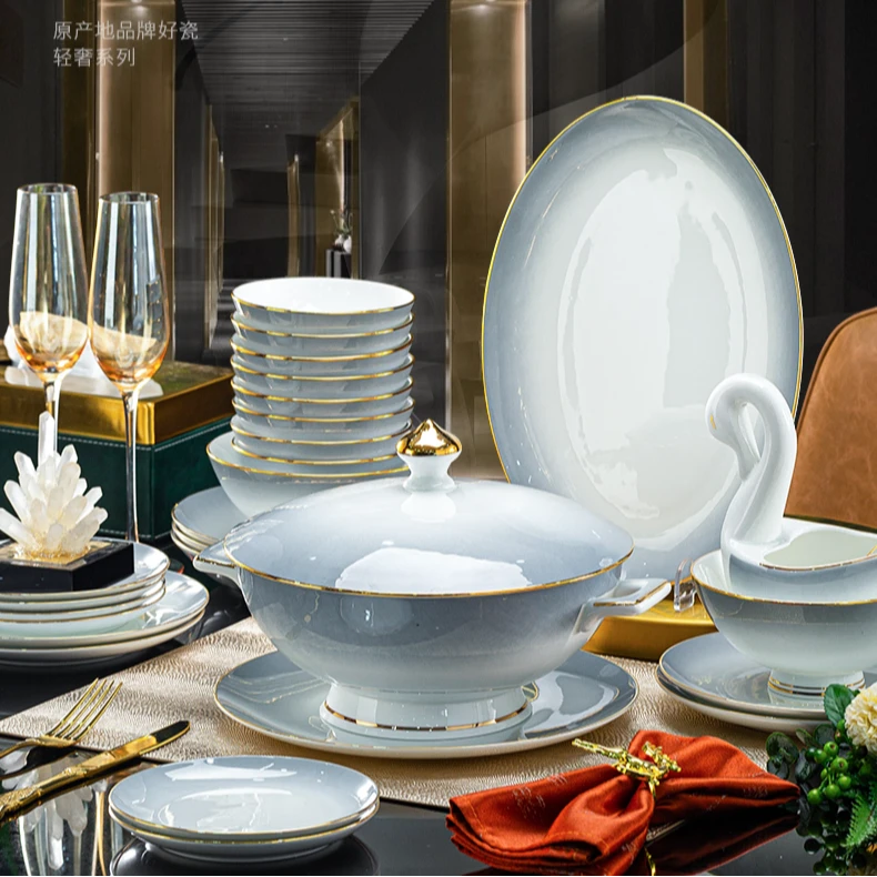 【洛威】渐变灰62件骨瓷景德镇简约轻奢高档陶瓷颜值碗盘餐具