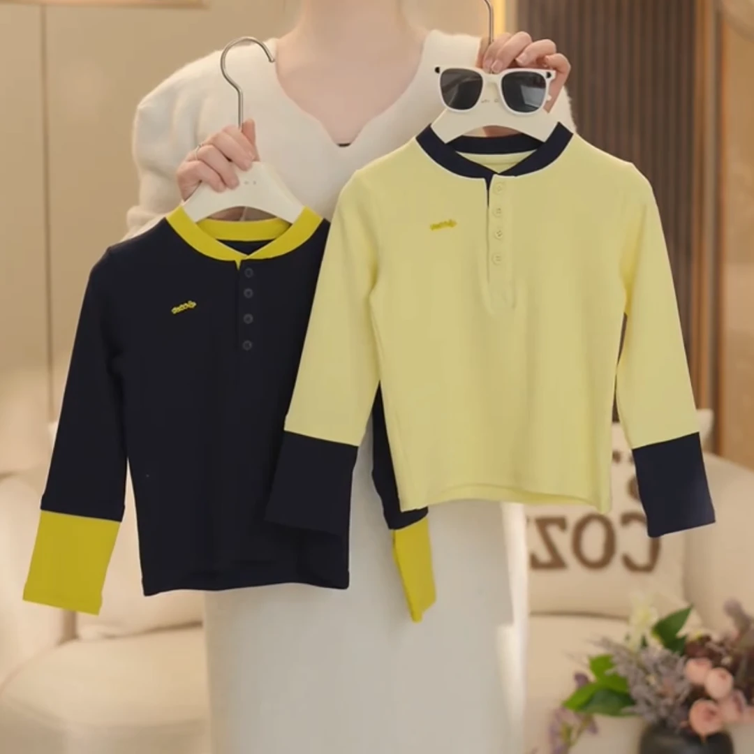 女童2025春季新款洋气拼色纽扣上衣休闲时尚圆领打底衫YY013