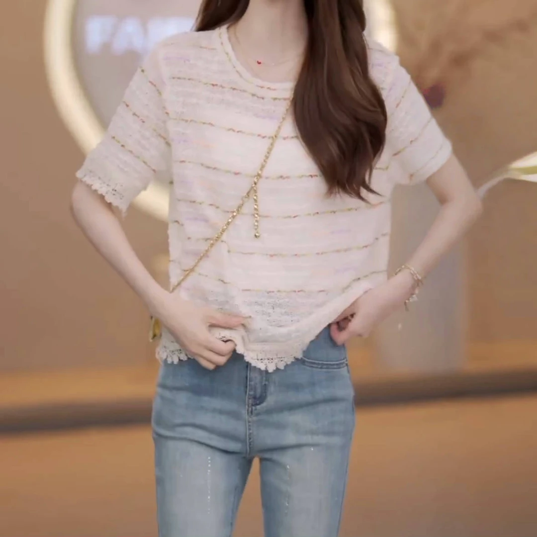 夏季透气亲肤圆领夏季2025撞色设计感针织衫休闲上衣