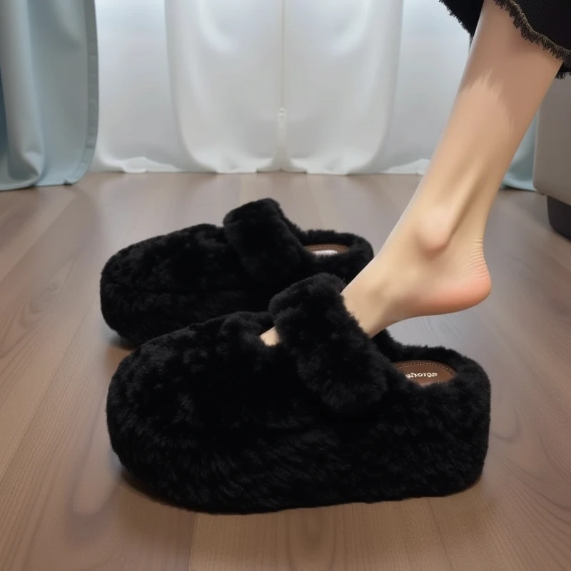 厚底玛丽珍毛毛拖鞋女冬外穿加绒保暖2025新款小个子增高包头棉拖