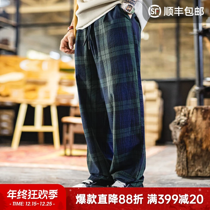 马登工装复古休闲苏格兰格子裤泡泡纱肌理感蓝绿格纹长裤子男夏秋