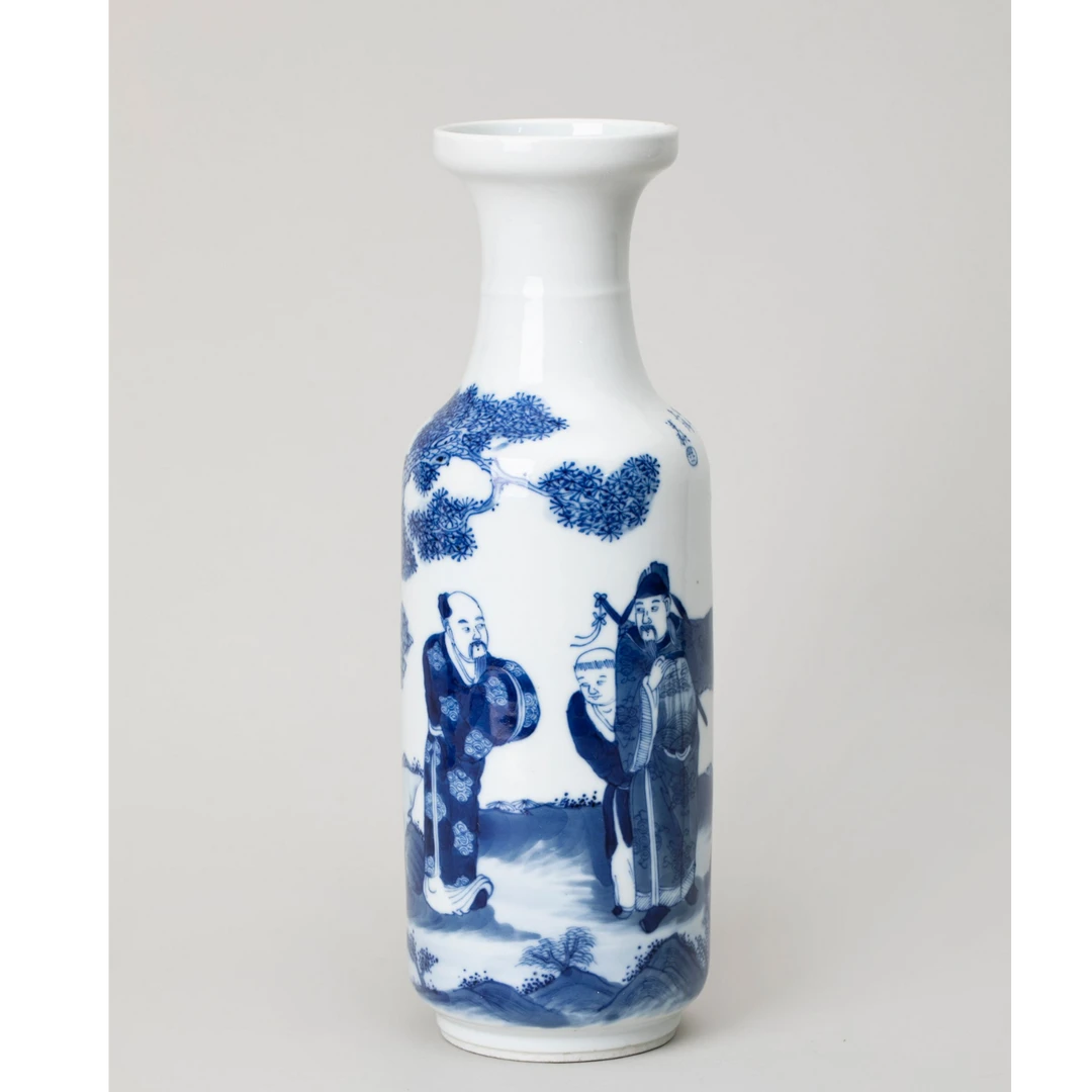 【古董】28、清光绪  青花人物故事诗文弦纹盘口瓶