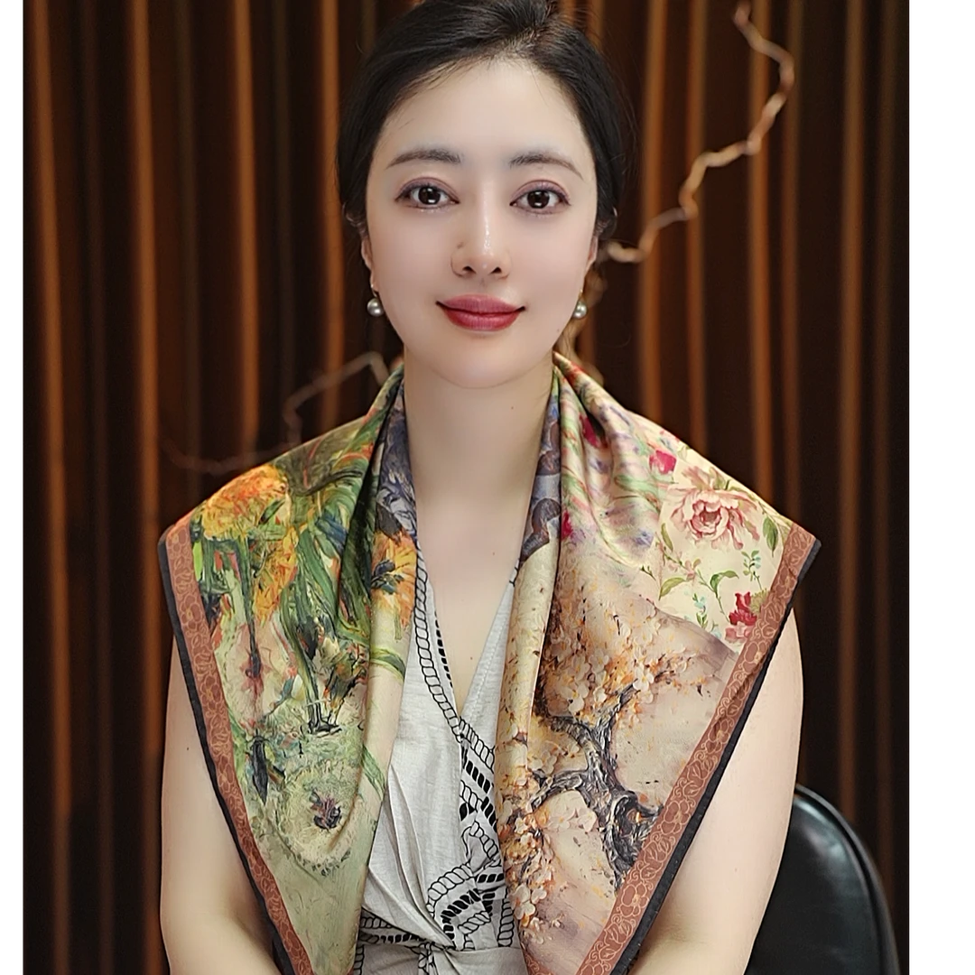 【小织梦】70*70小方巾围巾女士丝巾百搭双面戴油画风简约百搭