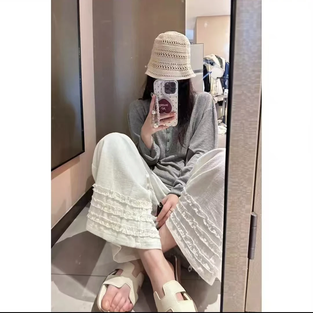 夏日松弛感木耳花边麻裤梨形身材百搭松紧高腰阔腿九分休闲裤