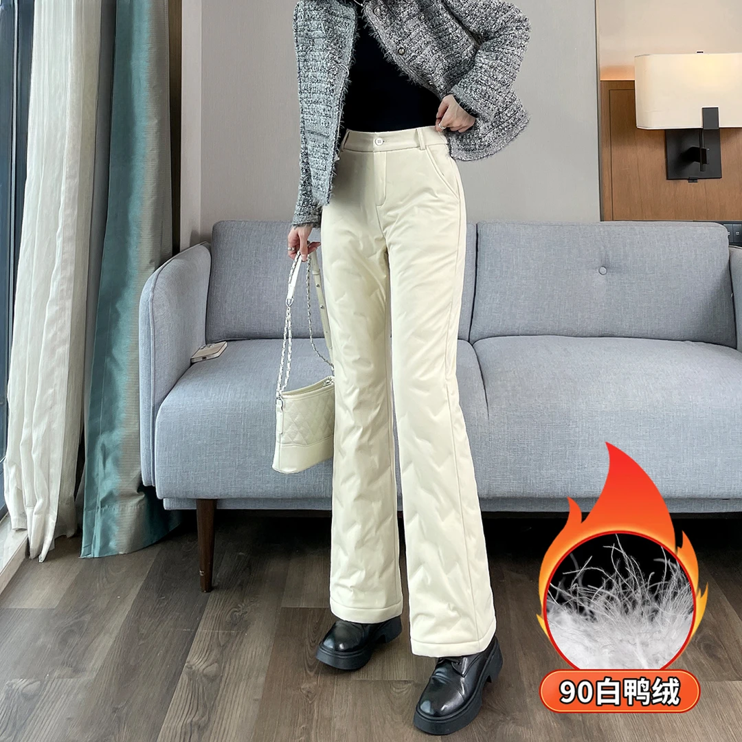 羽绒裤女外穿米白色喇叭裤2025冬新款加绒保暖加厚东北喇叭棉裤子