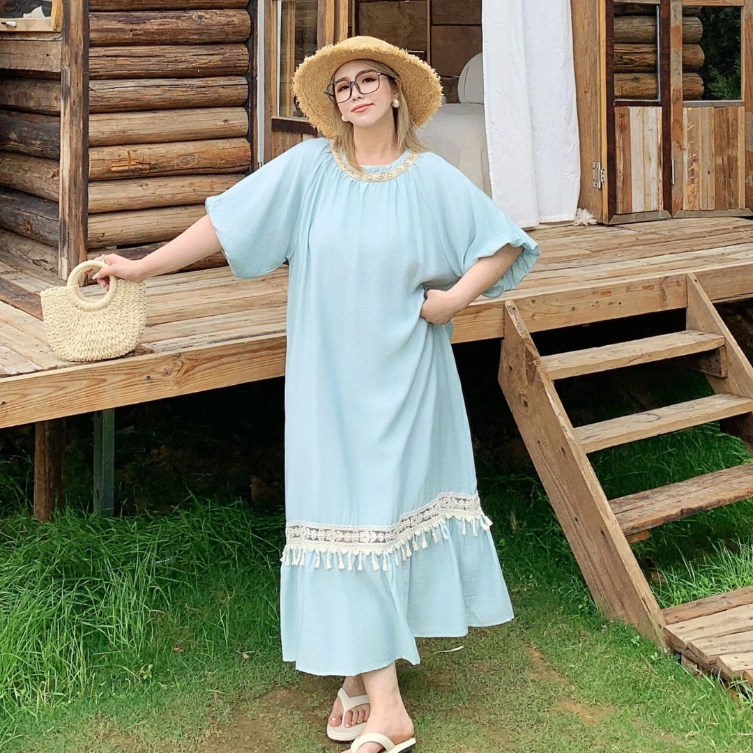 媛子大码法式度假风连衣裙流苏氛围感2025夏季新款宽松气质长裙