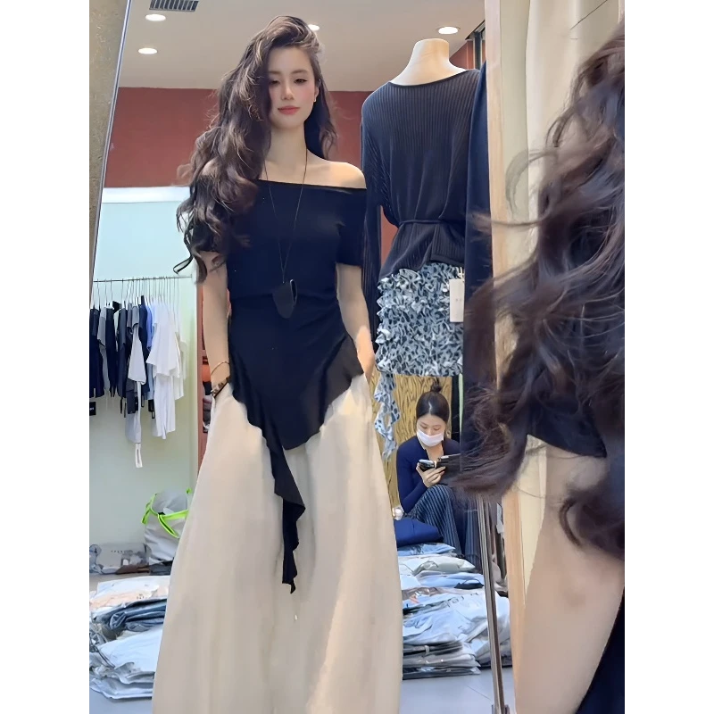 韩系穿搭套装一字肩T恤短袖飘带上衣女2025夏季百搭大阔腿休闲裤