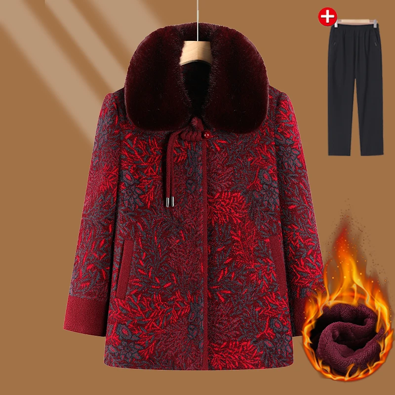 奶奶冬装加绒加厚毛呢外套中老年人女装妈妈装棉袄太太婆婆上衣服