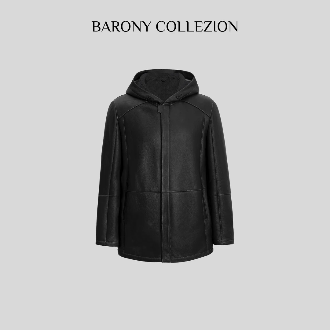 BARONY COLLEZION【81052】男士商务休闲经典连帽中长款皮毛一体