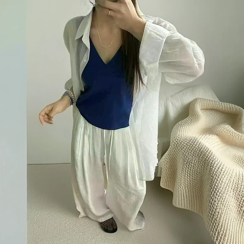 新款韩版洋气设计感衬衫+吊带背心+宽松显瘦阔腿裤三件套套装夏季