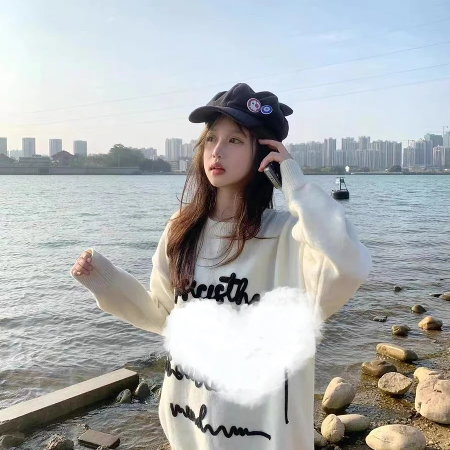 呆呆姐 A家慵懒风锁链字母套头针织毛衣 情侣款 超软和