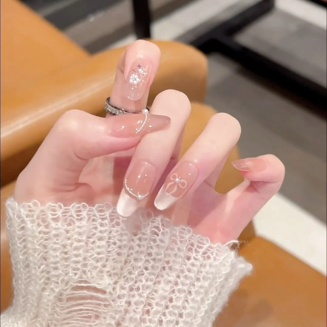 【水光猫眼】初秋纯手工冰透猫眼裸色穿戴甲法式温柔贴片显白美甲片