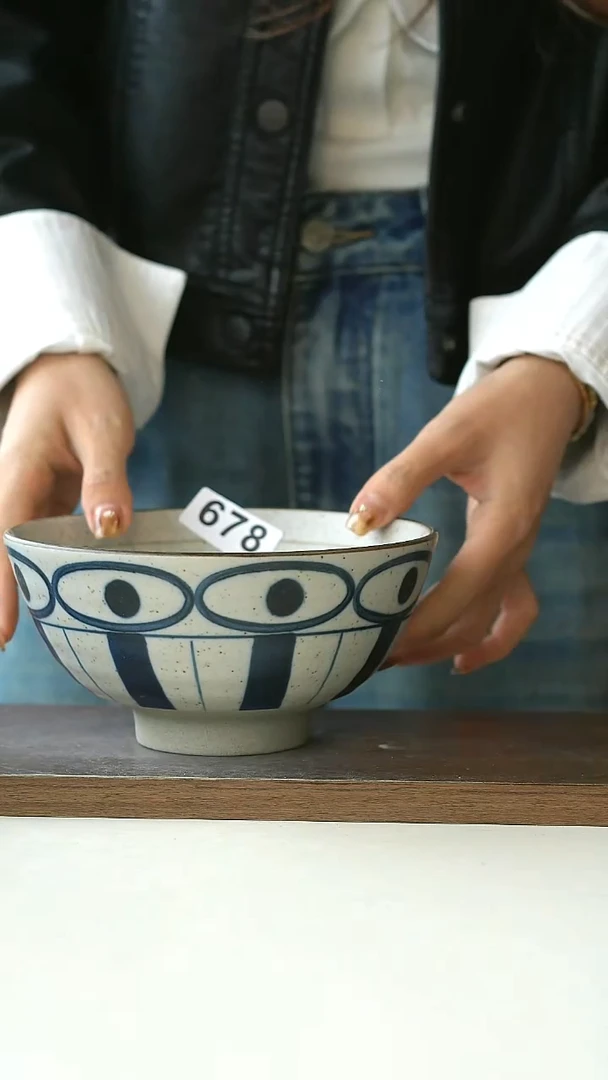 陶678瑕粗陶手绘几何面碗16@4-2@