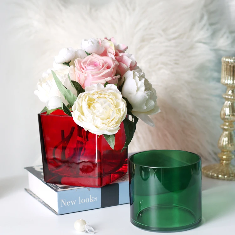 加厚手工玻璃花瓶正方形水培绿植绿色红色桌面方缸摆件定植白掌