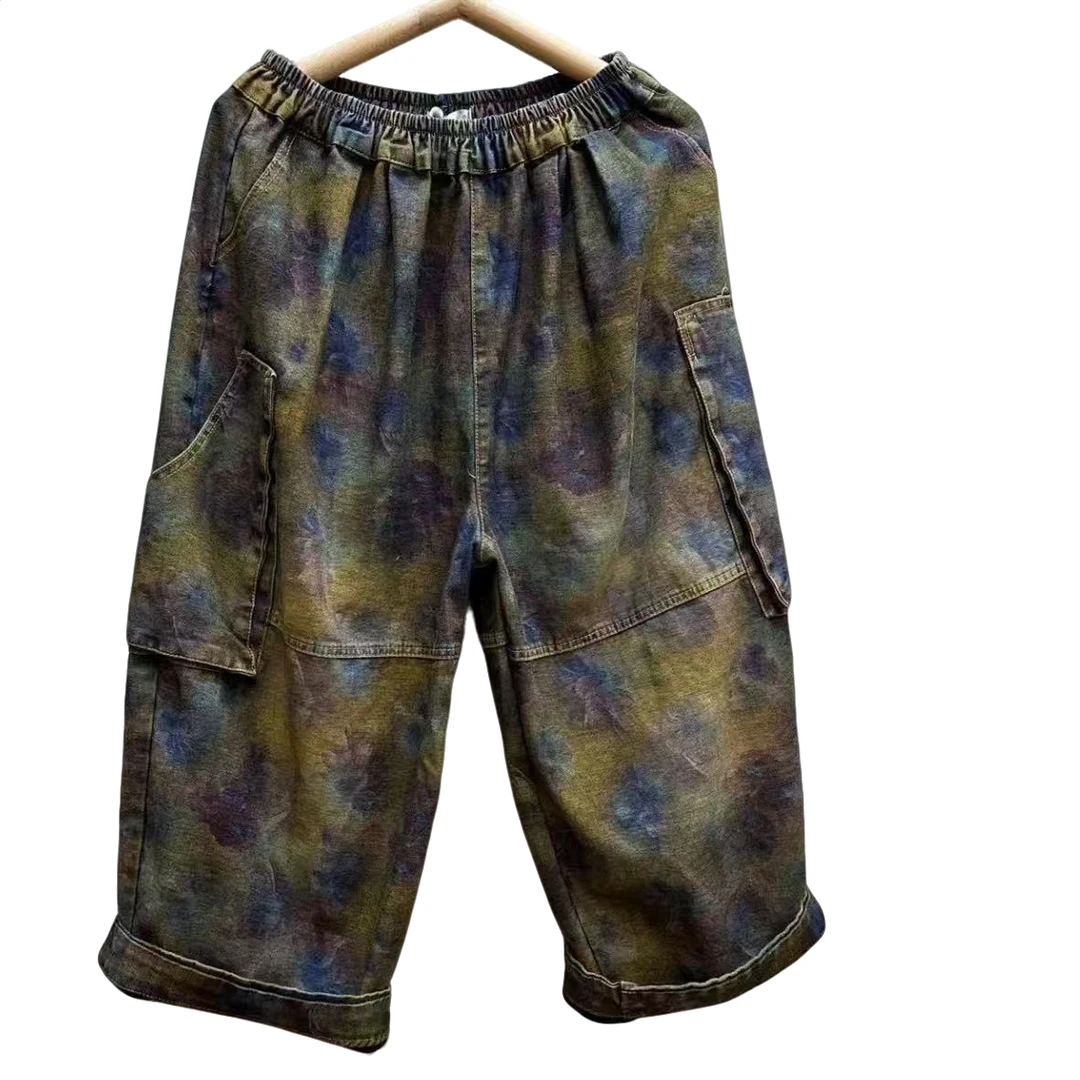 依佳#8666大口袋砂洗做旧花色遥知兄弟登高处（裤长87臀围135左右）