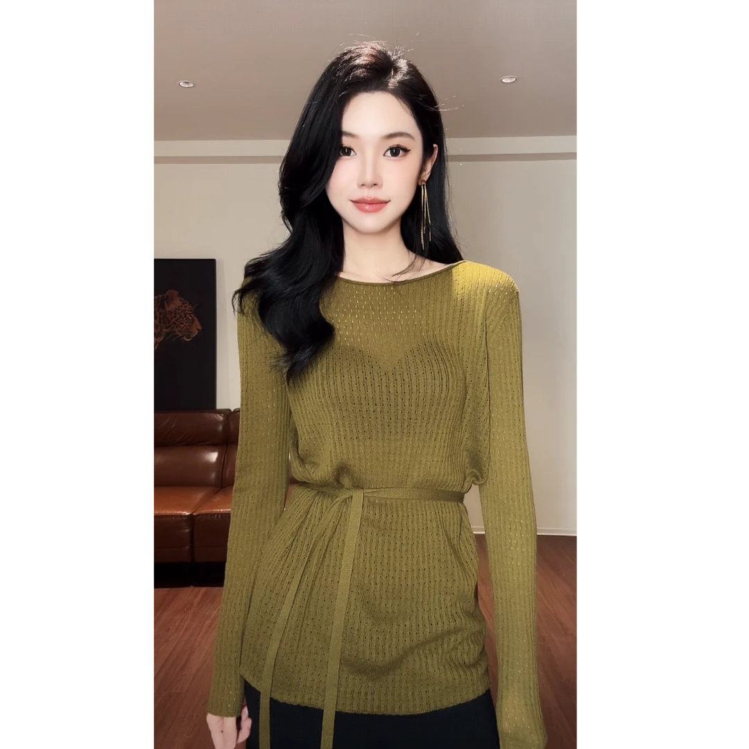 ZOUYASHIFA  微透圆领飘带设计感针织衫上衣女装长袖 YSA89087