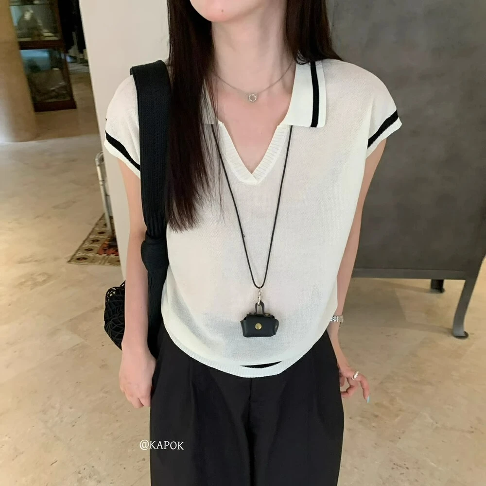 设计感时尚百搭撞色薄款上衣女夏季新款韩系休闲简约Polo领针织衫