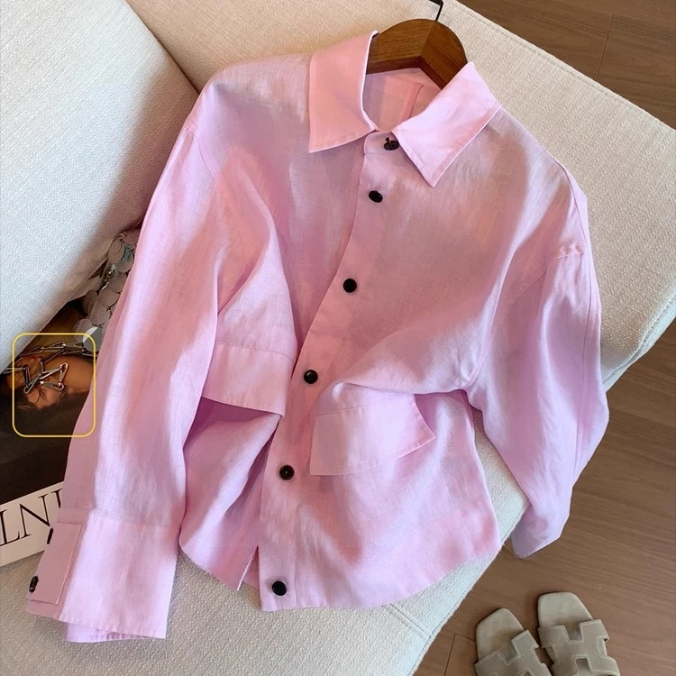 粉色polo领工装亚麻防晒衬衫女秋新款高级感小众时尚气质薄款上衣