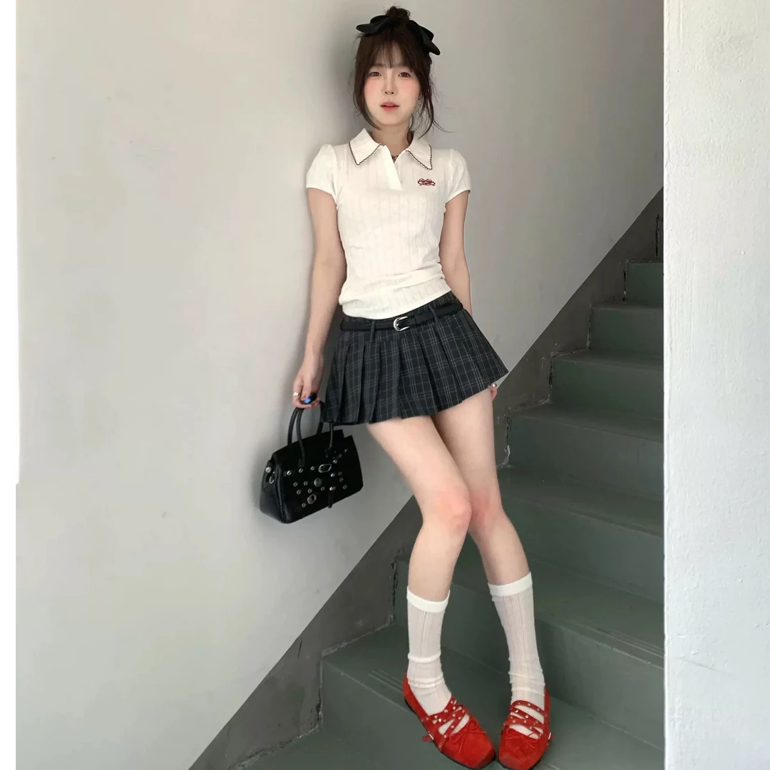 白色polo衫短袖T恤夏季学院美式复古百褶裙搭配小众正肩修身上衣