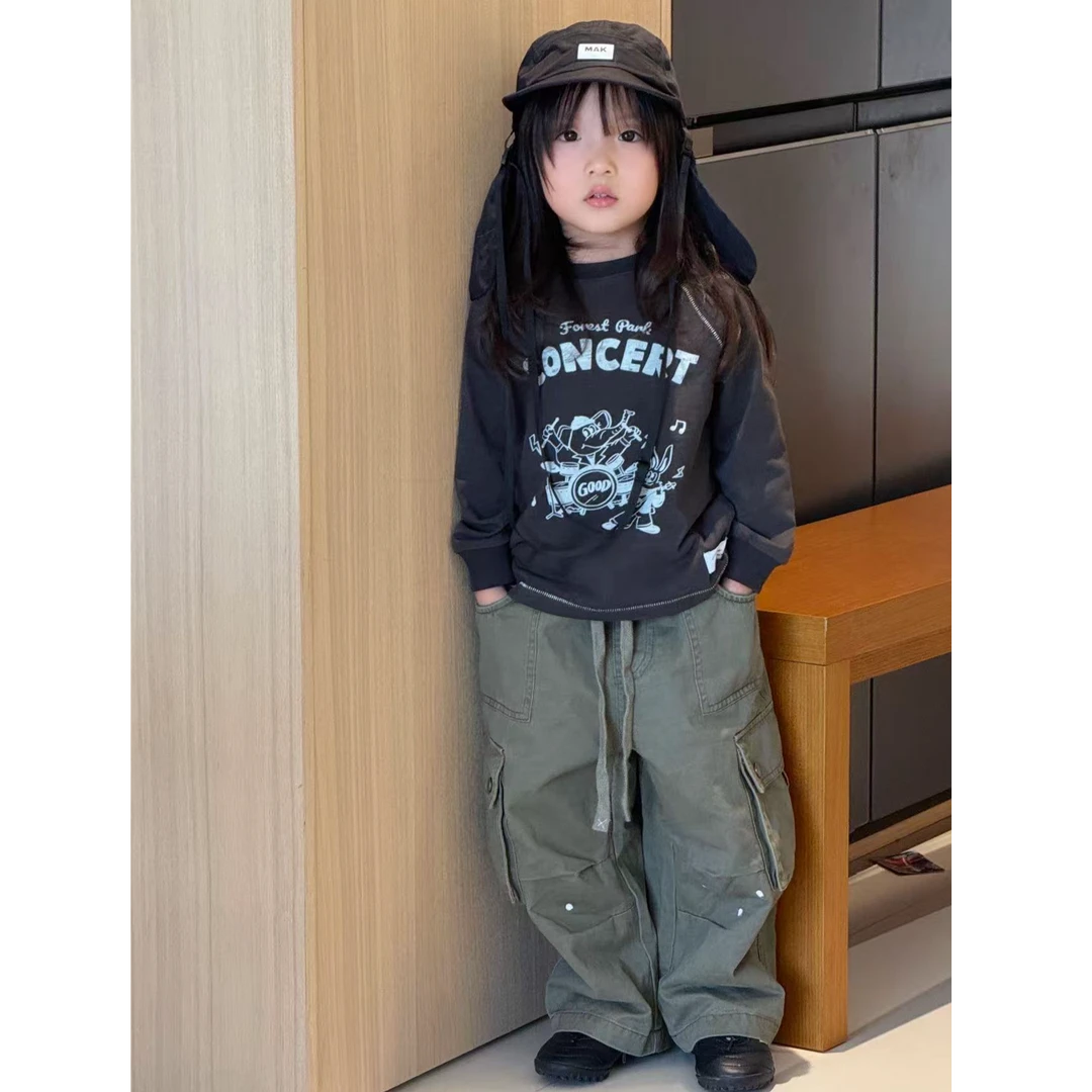 小思家女童2025秋季复古美式时髦印花长袖卫衣百搭休闲工装裤套装