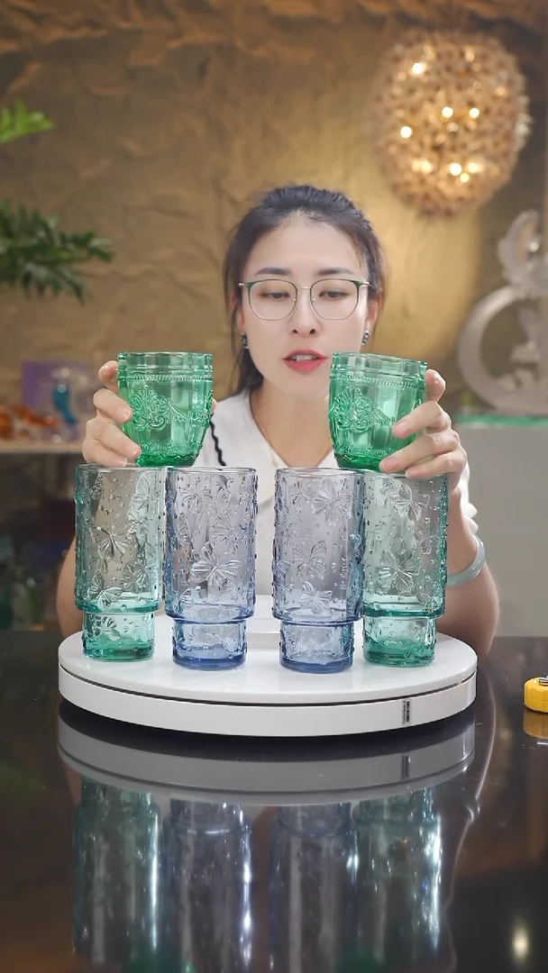 琉璃蝴蝶水杯2深蓝2浅绿加4只绿色水杯