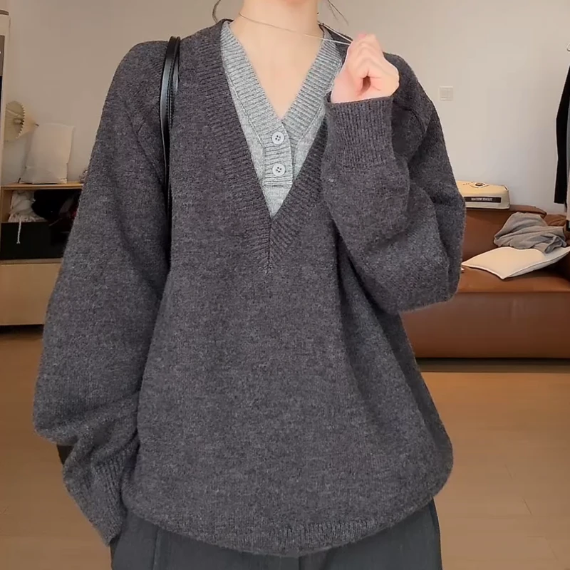 假两件拼接v领毛衣高级感慵懒polo针织打底衫女LK2509071