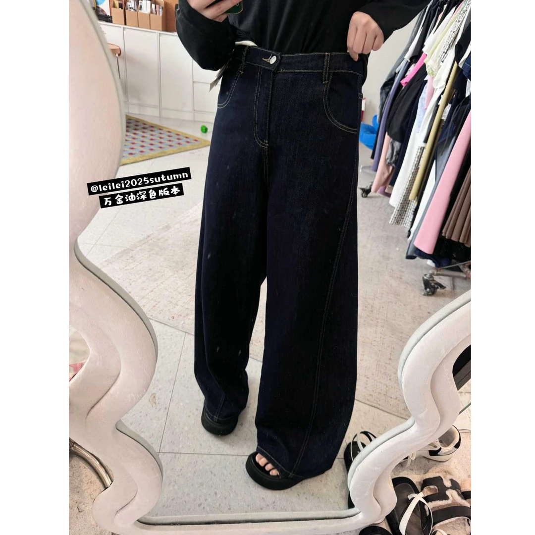 晶咕【万金油牛仔裤】美式复古水洗后半截松紧腰弯刀立体线牛仔裤