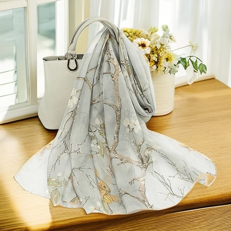 品牌100%桑蚕丝180*65cm鹊舞梨花高档丝巾薄款纱巾旗袍披肩礼盒装