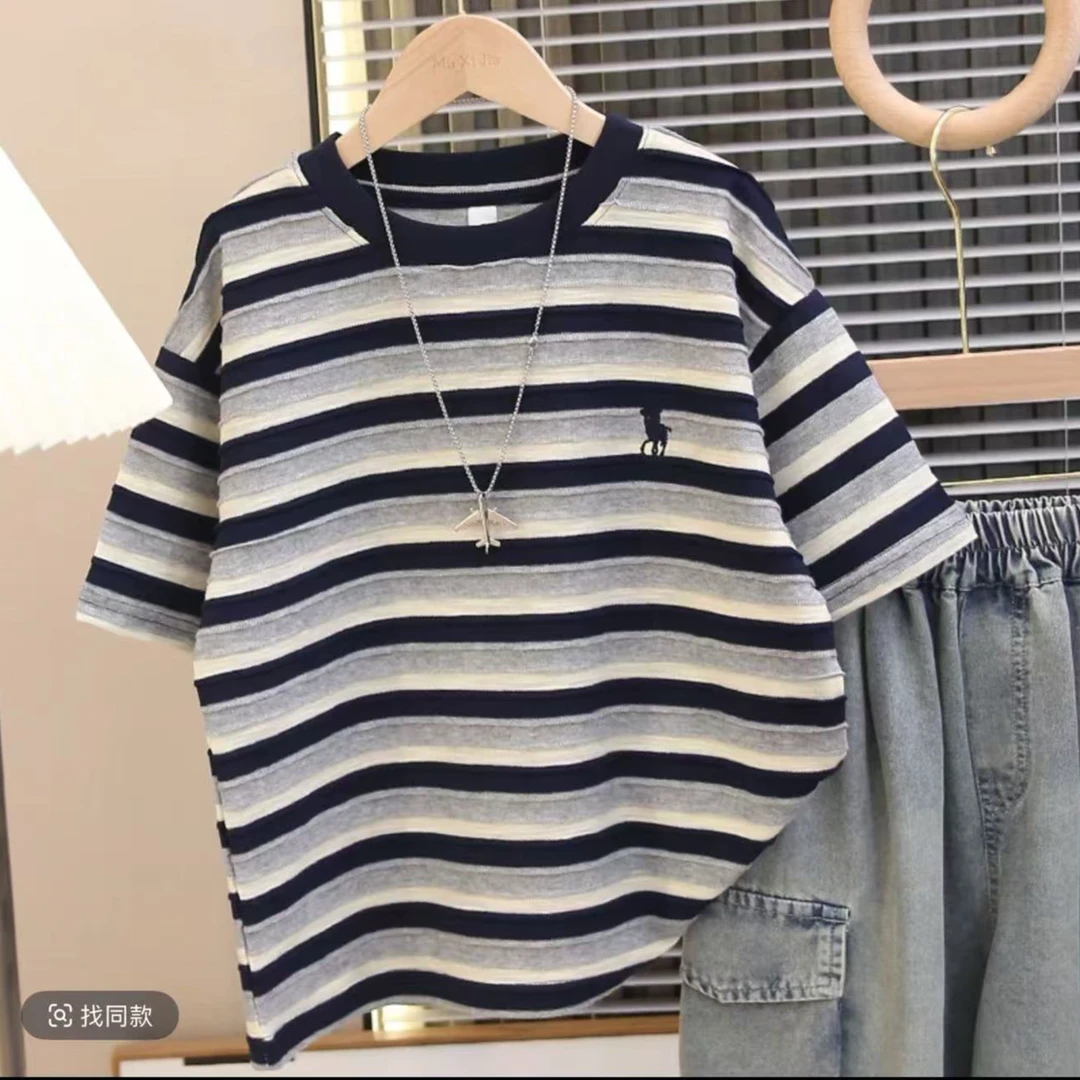 儿童韩版简约潮流纯棉条纹短袖上衣夏季时尚百搭T恤