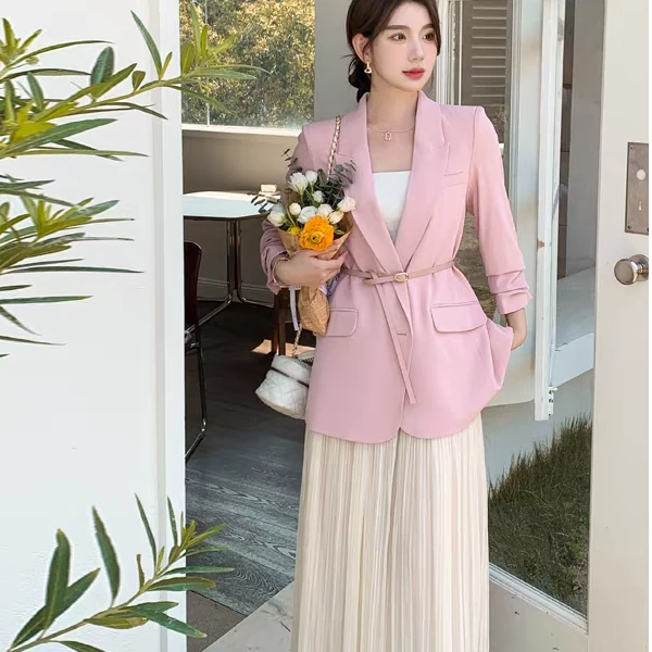 肉肉  西装套装女2025秋高级感气质西服外套百褶网纱半身裙两件套