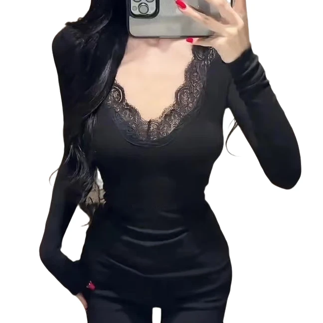 蕾丝拼接胖MM微胖大码纯欲辣妹性感遮肉显瘦港风加绒针织打底衫女