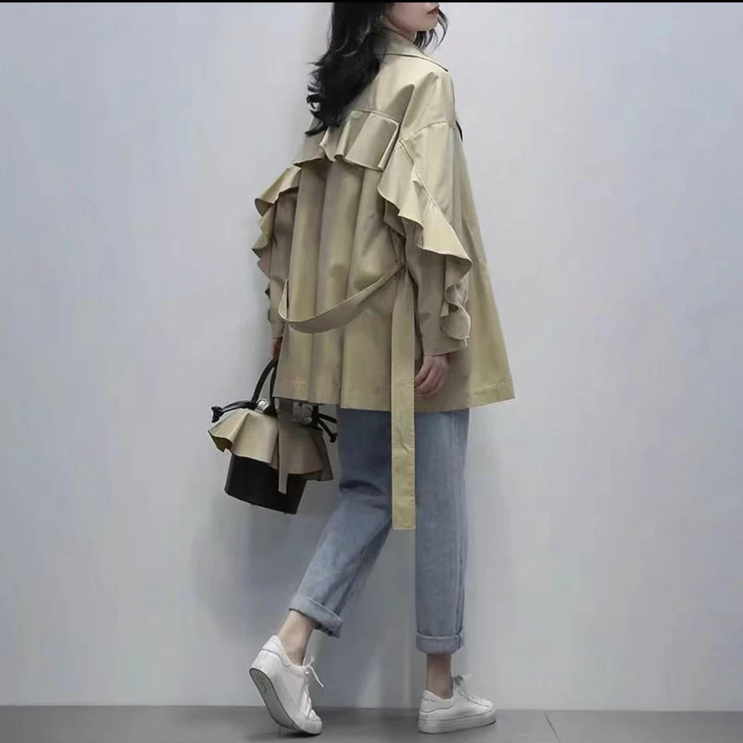 【TD】风衣女短款2025年春秋新款韩版宽松系带收腰百搭外套6015
