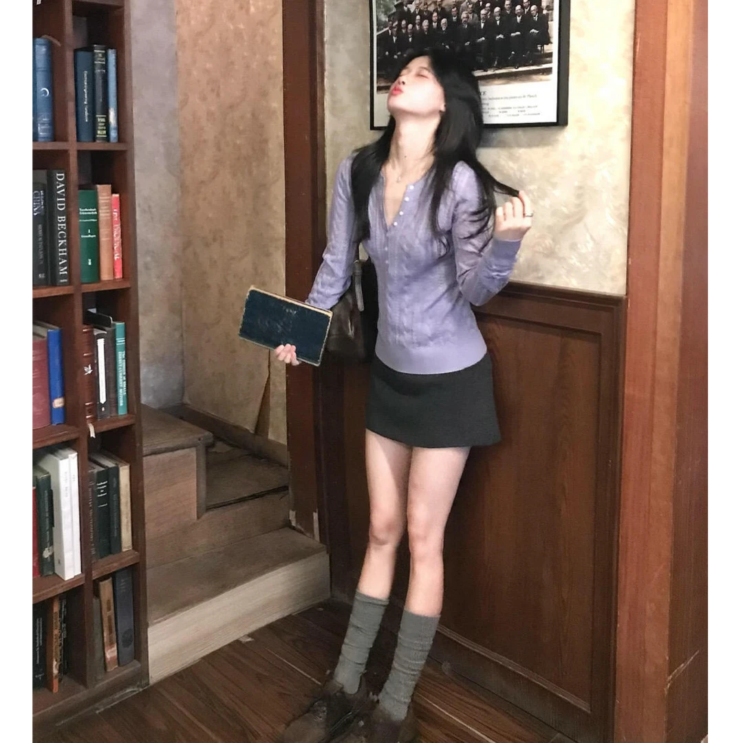 MARIE.COCO古早氛围感韩系紫色针织衫小个子穿搭秋冬新款休闲短裤