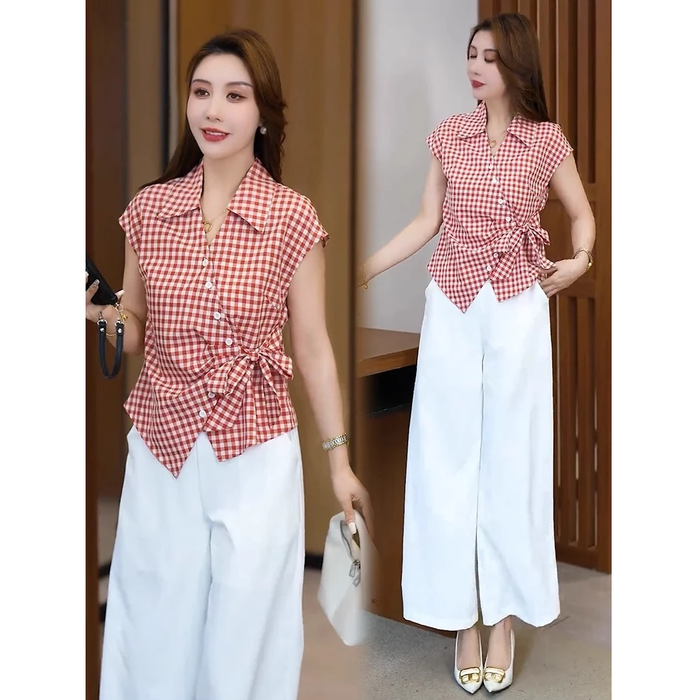 时尚衬衫女2025夏季新款洋气显瘦设计感百搭休闲系带格子短袖上衣