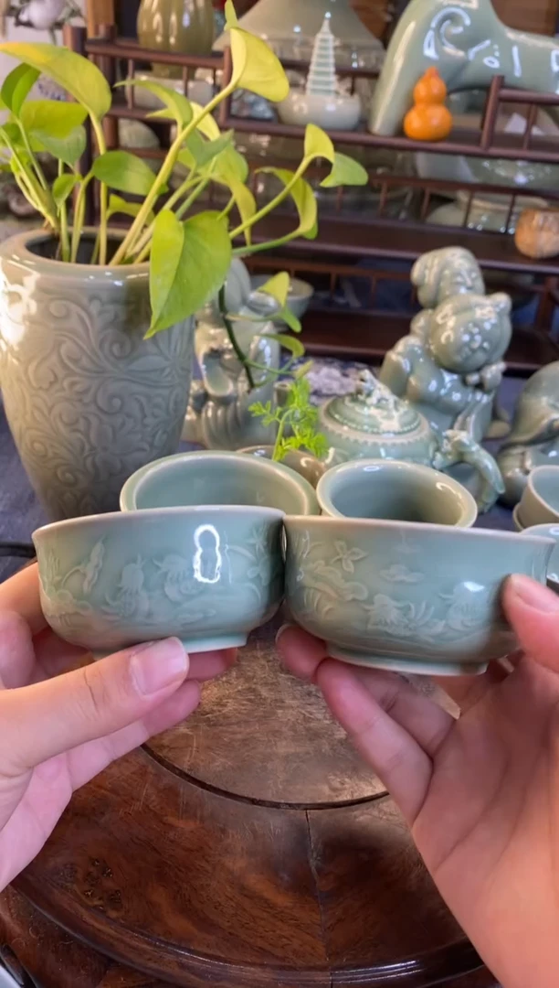 耀州窑微瑕 若见秘色 TS049鸳鸯杯】两只