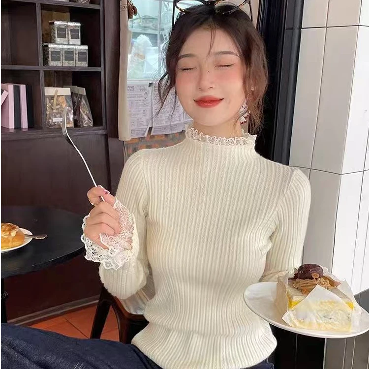 秋冬季半高领长袖针织提花蕾丝边毛衣毛针织衫打底衫修身