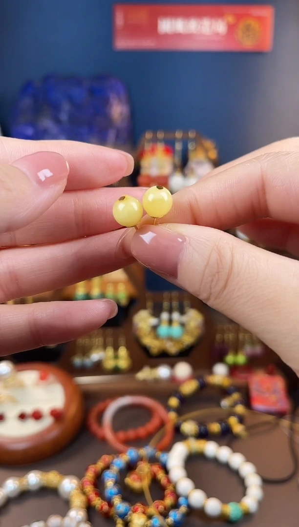银S925镀金镶嵌蜜蜡耳饰淼**水，耳钉