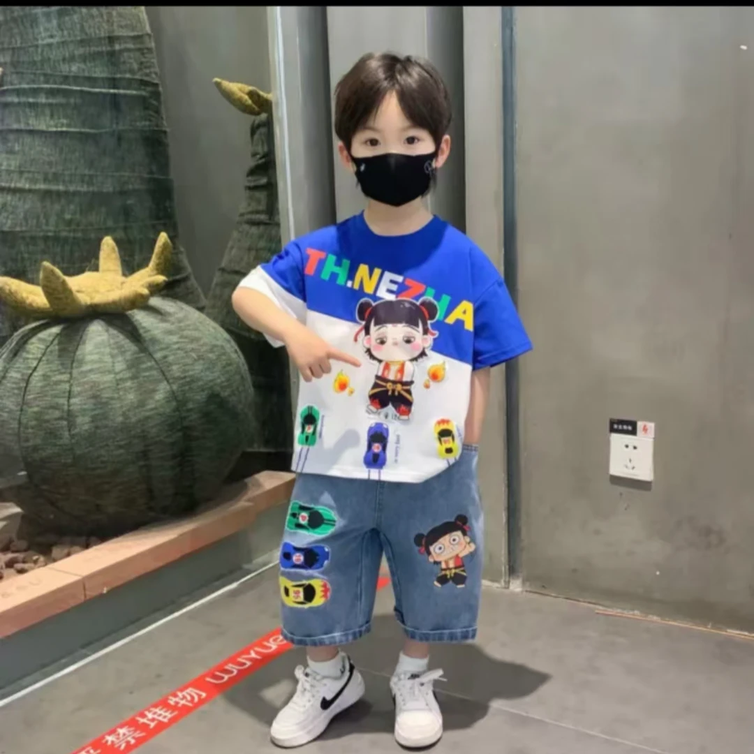 男童儿童夏款童装时尚新款2025哪吒短袖夏季牛仔短裤夏装套装休闲