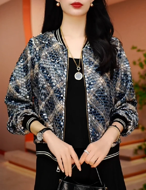 蓝色珠片-新款印花气质上衣外套百搭显瘦时尚舒适显气质俩面穿