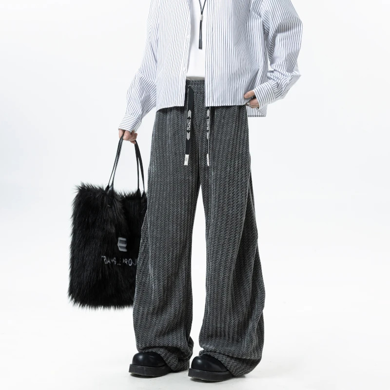 美式潮流鱼骨纹褶皱裤子男款秋季新款设计感休闲裤重磅褶皱卫裤