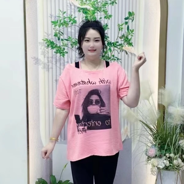 夏季新款1533肩带撞色设计美女图气质减龄百搭时尚冰丝短袖