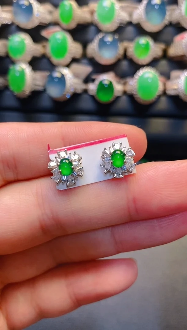 银S925镶嵌翡翠耳饰天然