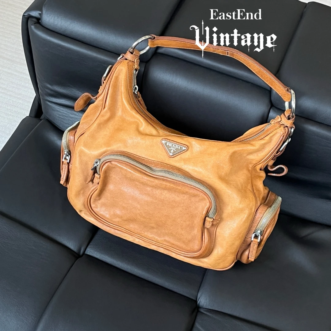 95新 Prada/普拉达 東区-枫叶棕多口袋机车hobo单肩包/91881