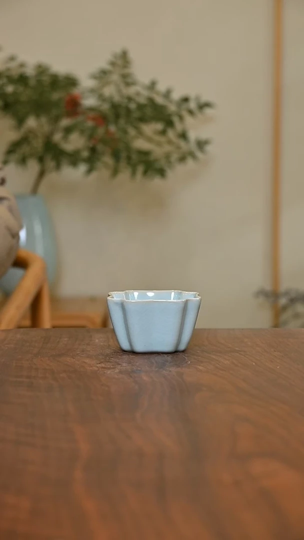 四方如意杯 天青 微瑕 朱家汝窑款