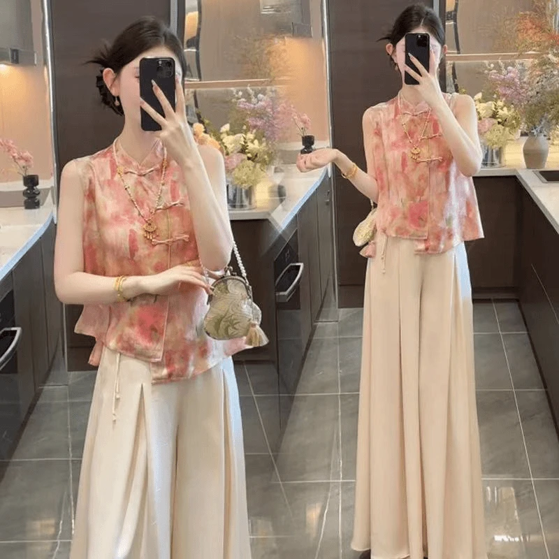 新中式高级感粉色上衣女2025夏季新款复古阔腿裤时尚套装女两件套
