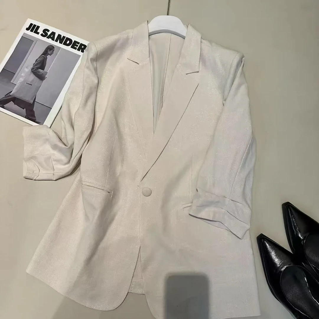 【韩紫朵】轻熟风纯色短外套棉麻修身小西装气质百搭韩版风衣5691#